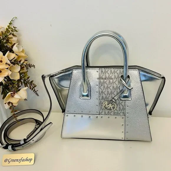 Michael Kors Purse Avril Small Leather Satchel Crossbody Bag Silver
